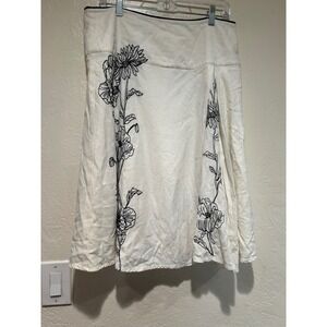Carole Little White Linen Blend Embroidered Floral A-Line Midi Skirt Womens 12